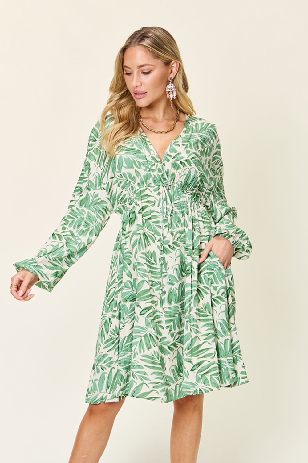 Double Take Full Size Printed Ruched Balloon Sleeve Dress-TOPS / DRESSES-[Adult]-[Female]-Light Green-S-2022 Online Blue Zone Planet