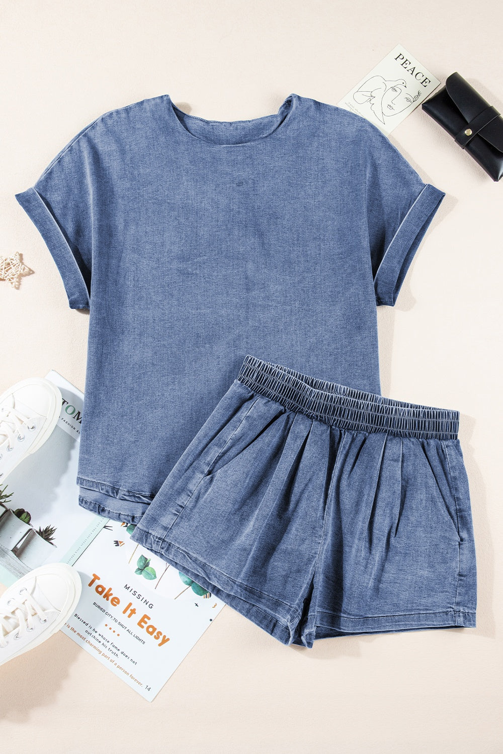 Round Neck Short Sleeve Top and Shorts Denim Set-TOPS / DRESSES-[Adult]-[Female]-2022 Online Blue Zone Planet