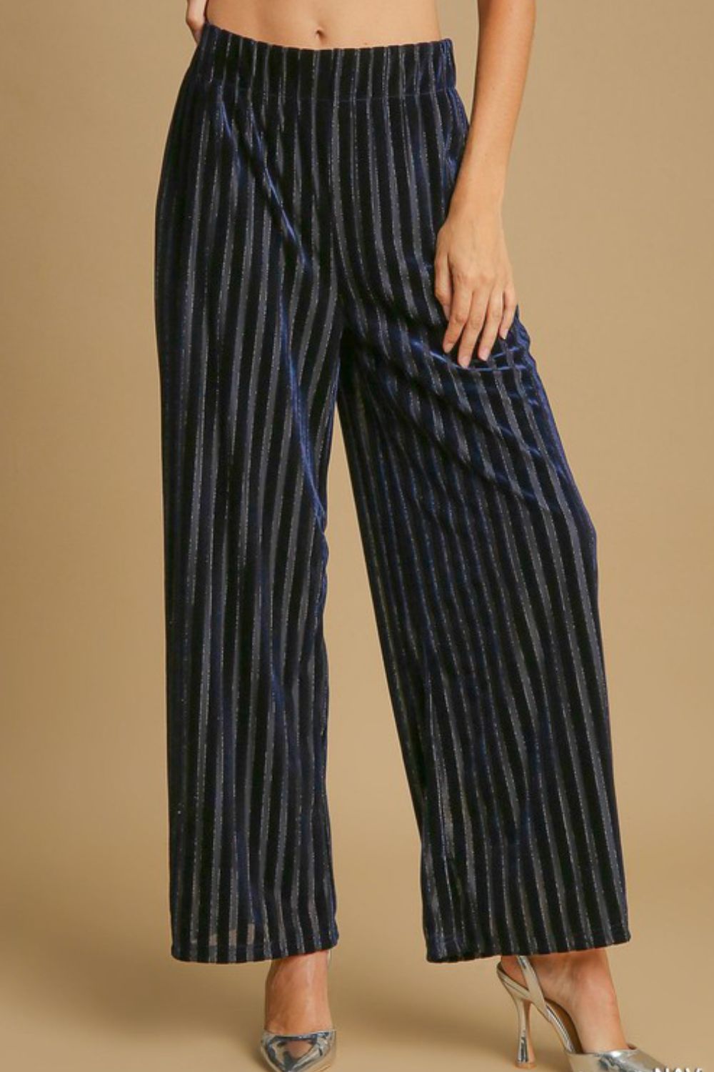 Blue Zone Planet | Umgee Full Size Elastic Waist Striped Wide Leg Velvet Pants-BOTTOMS SIZES SMALL MEDIUM LARGE-[Adult]-[Female]-Navy-S-2022 Online Blue Zone Planet