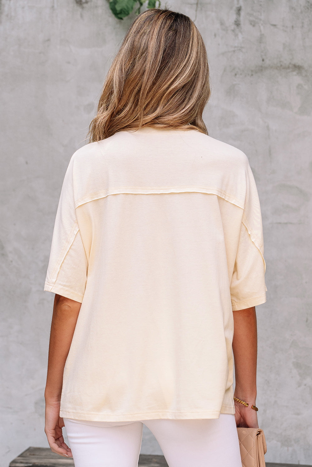 Apricot Flower Patched Exposed Stitching Trim Crew Neck Loose Tee-Tops/Tops & Tees-[Adult]-[Female]-2022 Online Blue Zone Planet