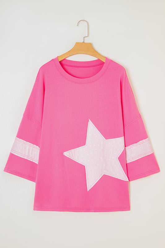 Pink Star Patched Colorblock Raw Edge Bracelet Sleeve Plus Size Loose Tee-Bracelet-[Adult]-[Female]-2022 Online Blue Zone Planet