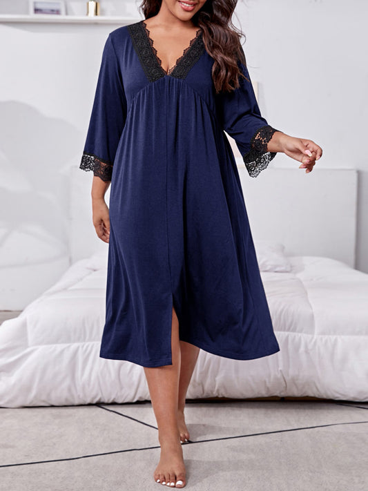 Plus Size Lace Detail V-Neck Lounge Dress-TOPS / DRESSES-[Adult]-[Female]-Dark Navy-1XL-2022 Online Blue Zone Planet