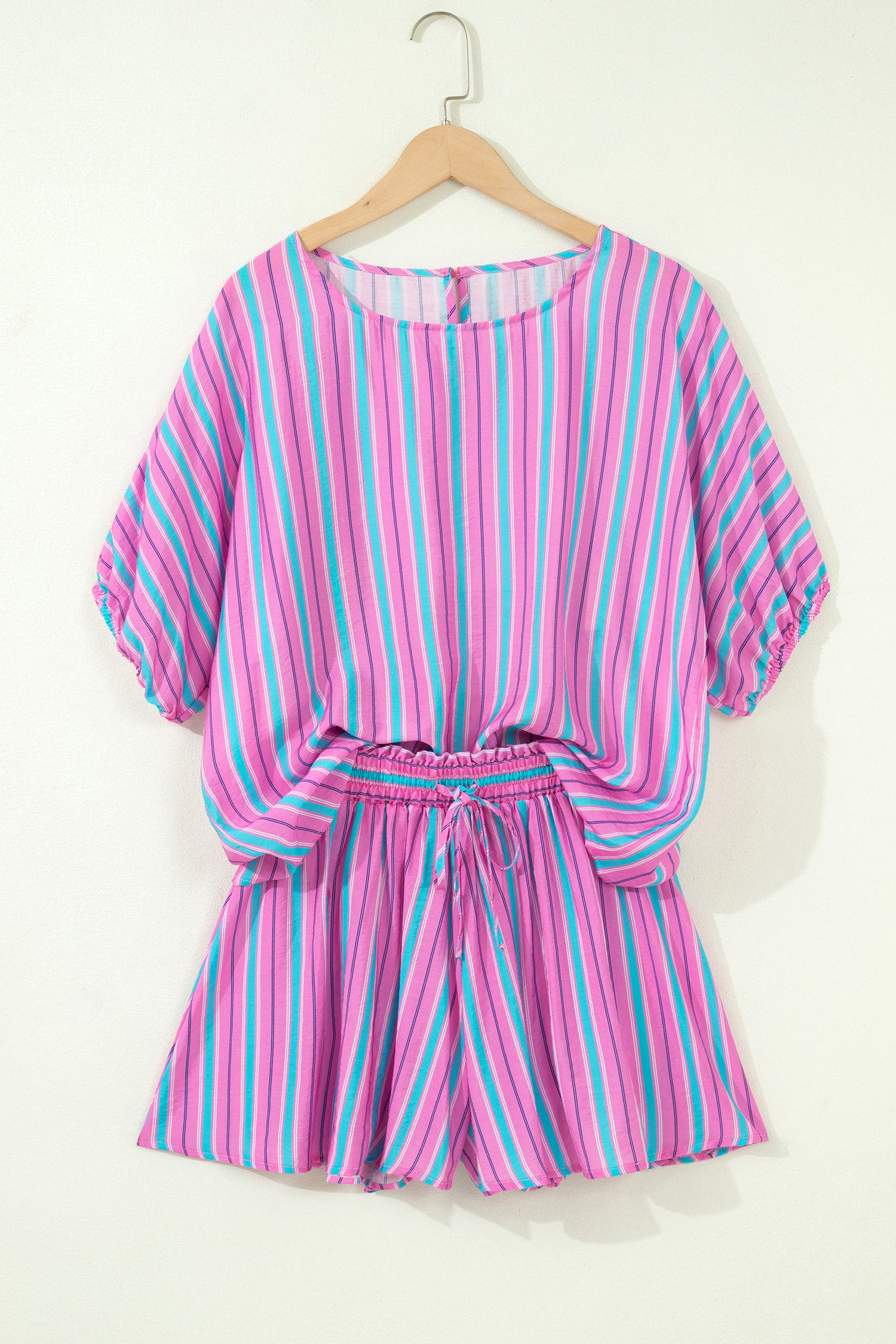 Pink Stripe Dolman Short Sleeve Blouse Drawstring Elastic Waist Loose Short Set-Two Piece Sets/Short Sets-[Adult]-[Female]-2022 Online Blue Zone Planet