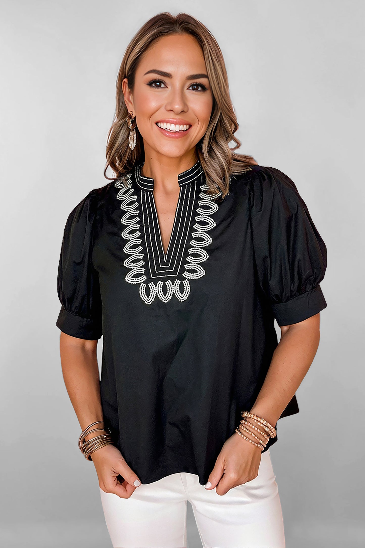 Black Short Puff Sleeve Contrast Embroidered Detail V Neck Blouse-Tops/Blouses & Shirts-[Adult]-[Female]-2022 Online Blue Zone Planet