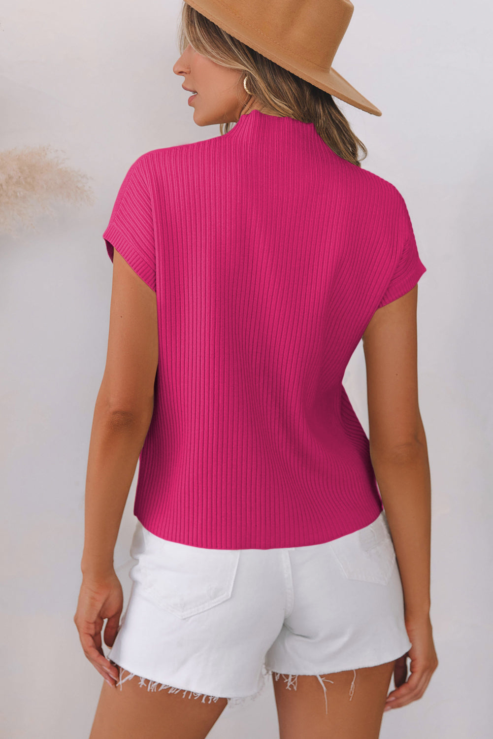 Blue Zone Planet | Rose Red Patch Pocket Ribbed Knit Short Sleeve Sweater-Sweaters & Cardigans/Short Sleeve Sweaters-[Adult]-[Female]-2022 Online Blue Zone Planet