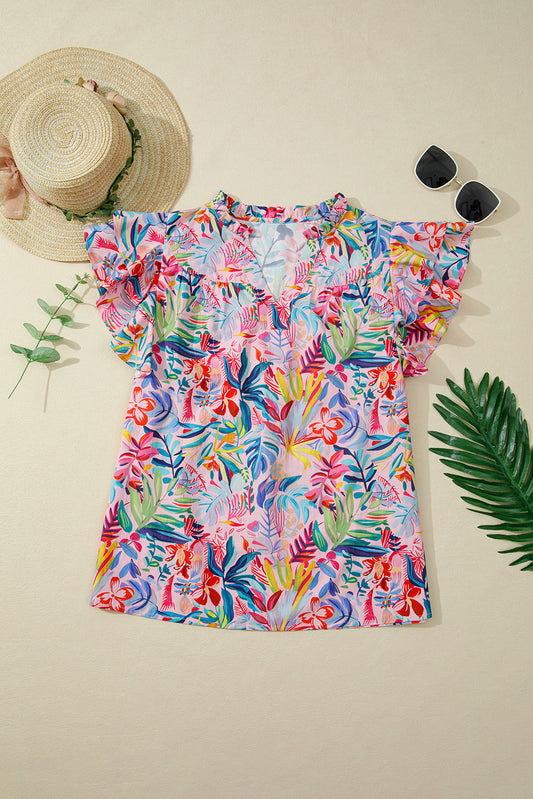 Pink Tropical Floral Print Frilly Notched Neck Ruffled Short Sleeve Blouse-Tops/Blouses & Shirts-[Adult]-[Female]-2022 Online Blue Zone Planet