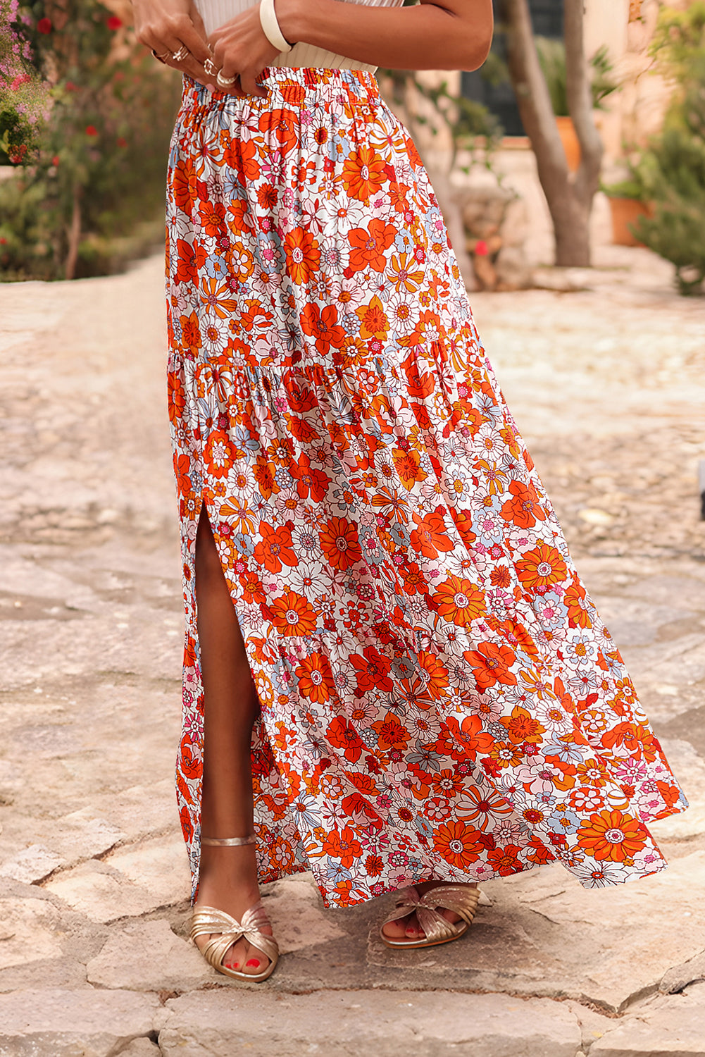 Heda's Blue Bohemian Floral Print Tiered Maxi Skirt with Split