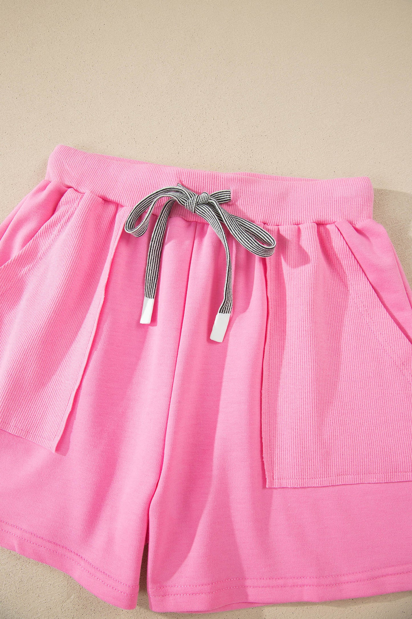 Sachet Pink V Neck Short Sleeve Top Drawstring Shorts 2pcs Set-Two Piece Sets/Short Sets-[Adult]-[Female]-2022 Online Blue Zone Planet