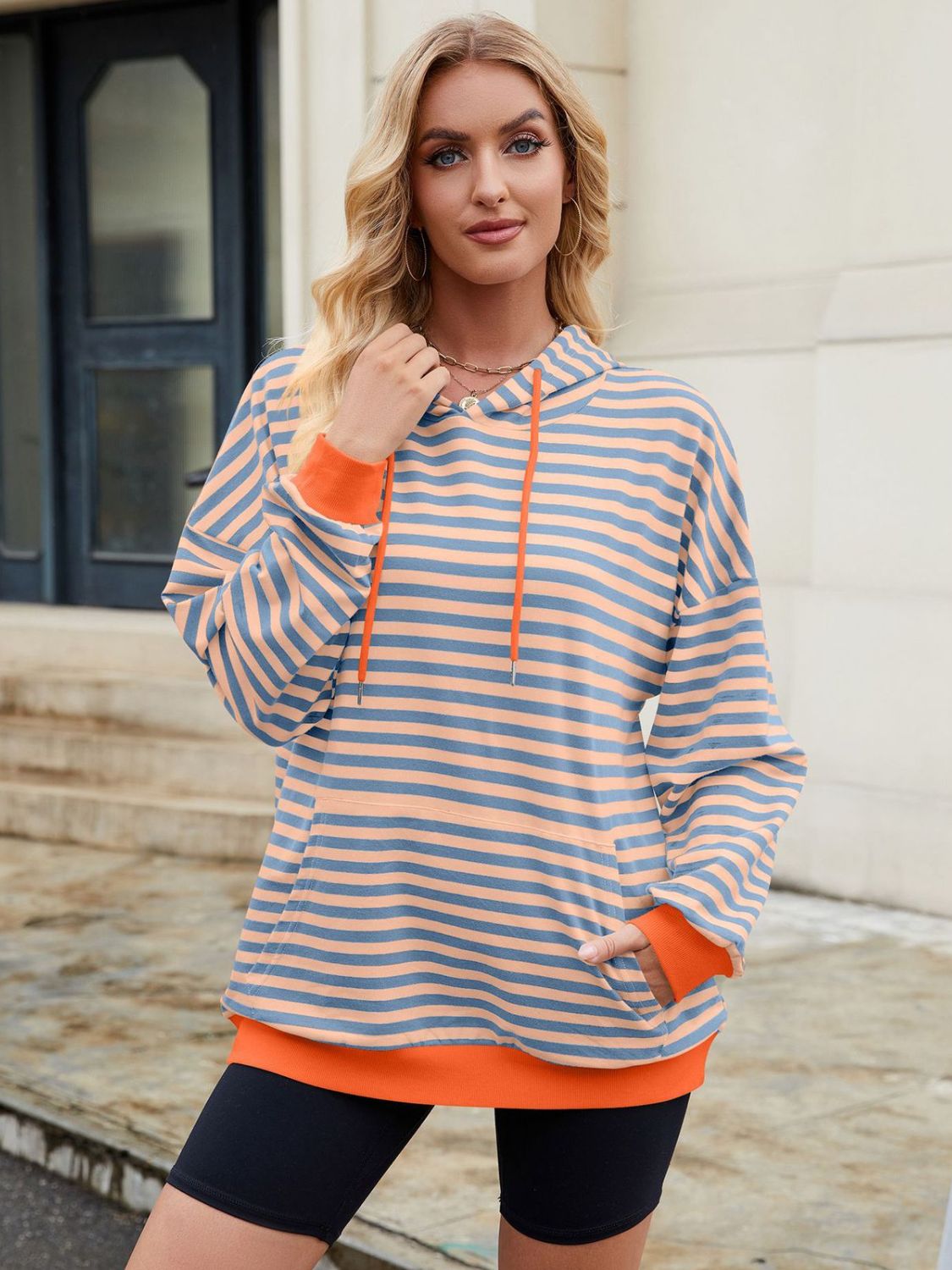 Drawstring Contrast Striped Long Sleeve Hoodie-TOPS / DRESSES-[Adult]-[Female]-2022 Online Blue Zone Planet