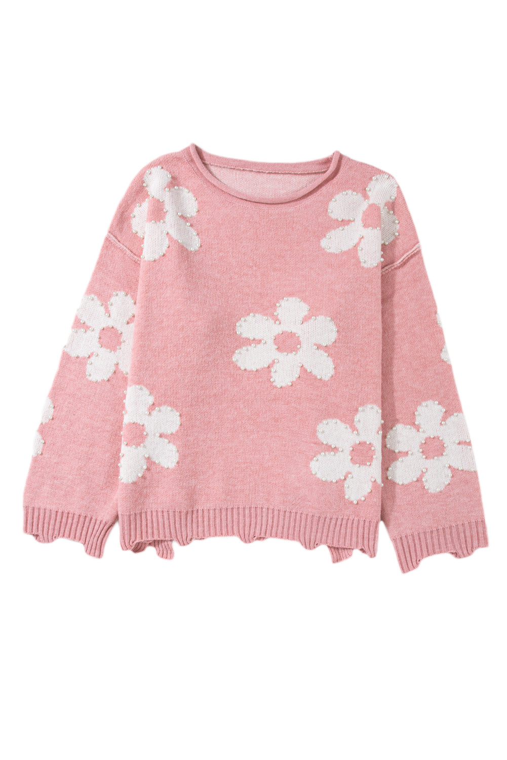 Pearl Trim Flower Round Neck Sweater-TOPS / DRESSES-[Adult]-[Female]-2022 Online Blue Zone Planet