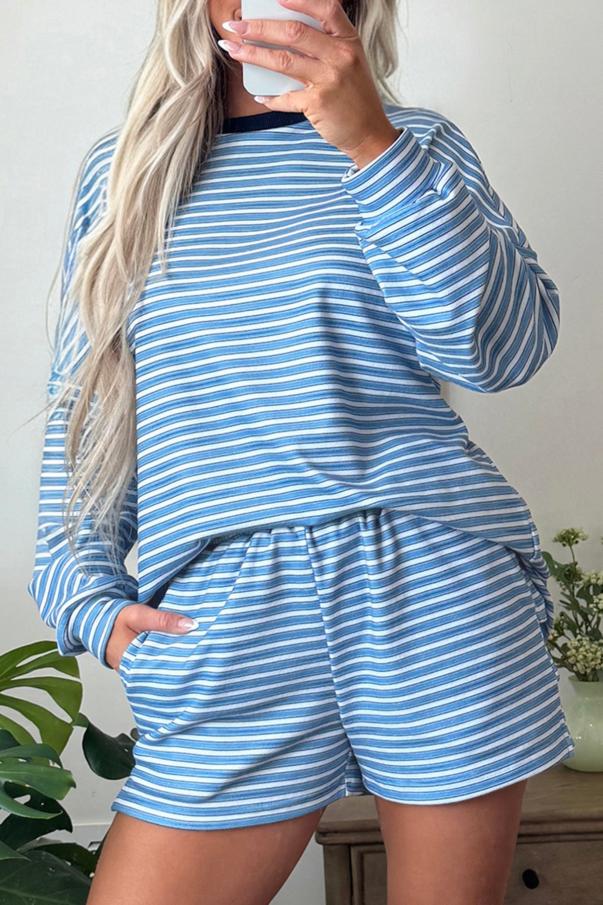 Sky Blue Stripe Long Sleeve Oversized Top Pocketed Casual Shorts Two Piece Set-Two Piece Sets/Short Sets-[Adult]-[Female]-2022 Online Blue Zone Planet