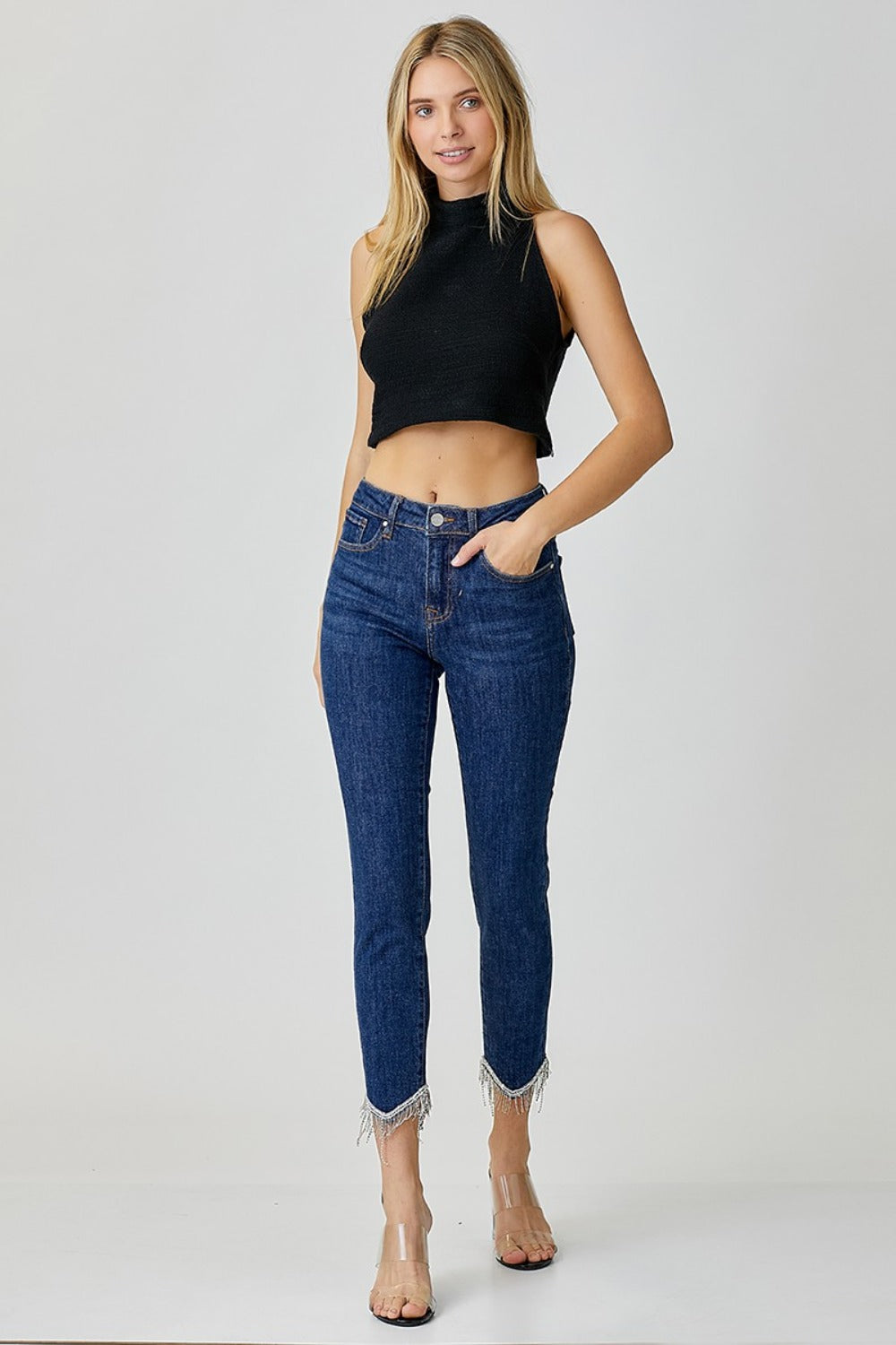 RISEN Full Size Embellished Mid Rise Crop Skinny Jeans-BOTTOMS SIZES SMALL MEDIUM LARGE-[Adult]-[Female]-2022 Online Blue Zone Planet