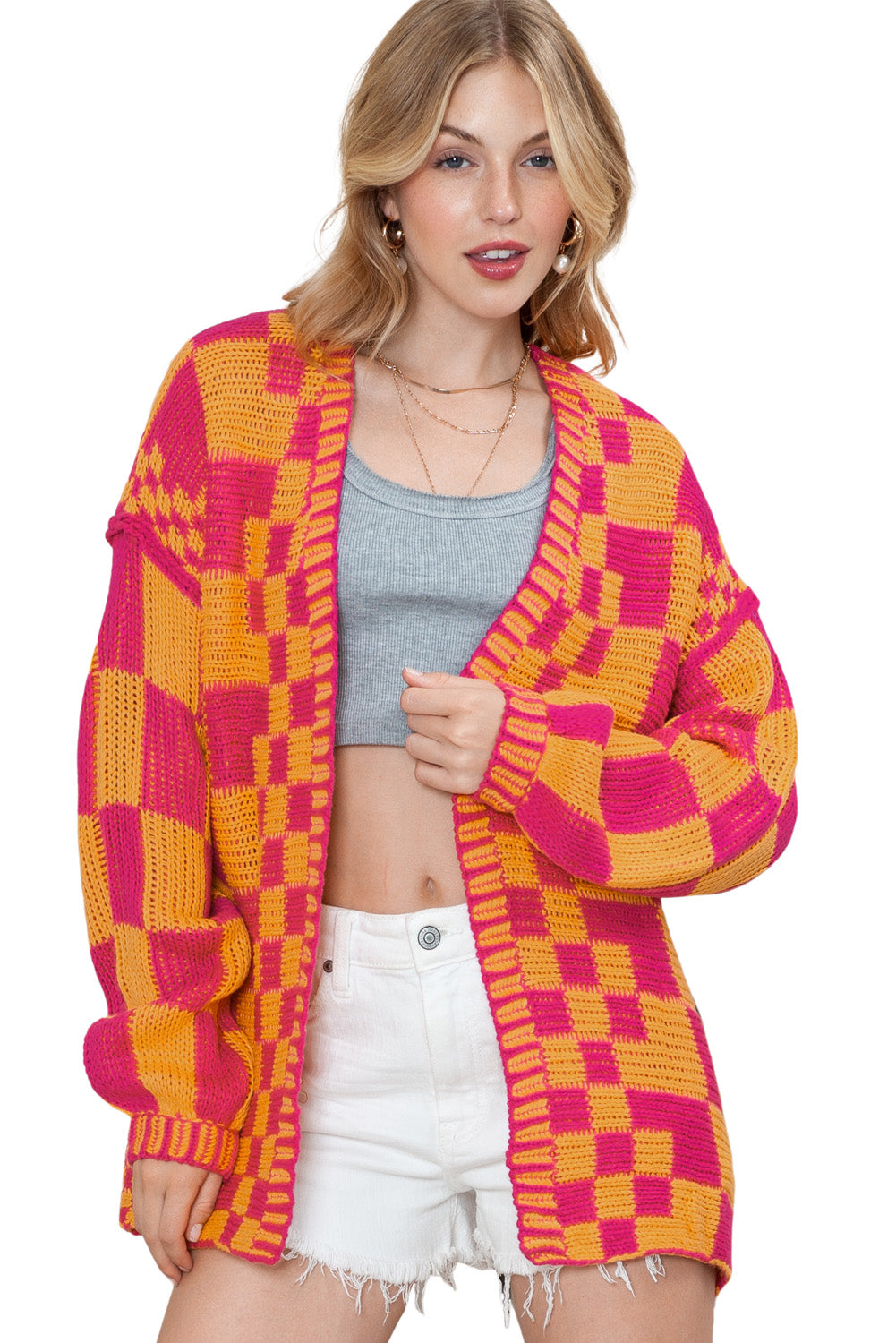 Multicolor Plaid Open Front Knitted Cardigan-Cardigans-[Adult]-[Female]-2022 Online Blue Zone Planet