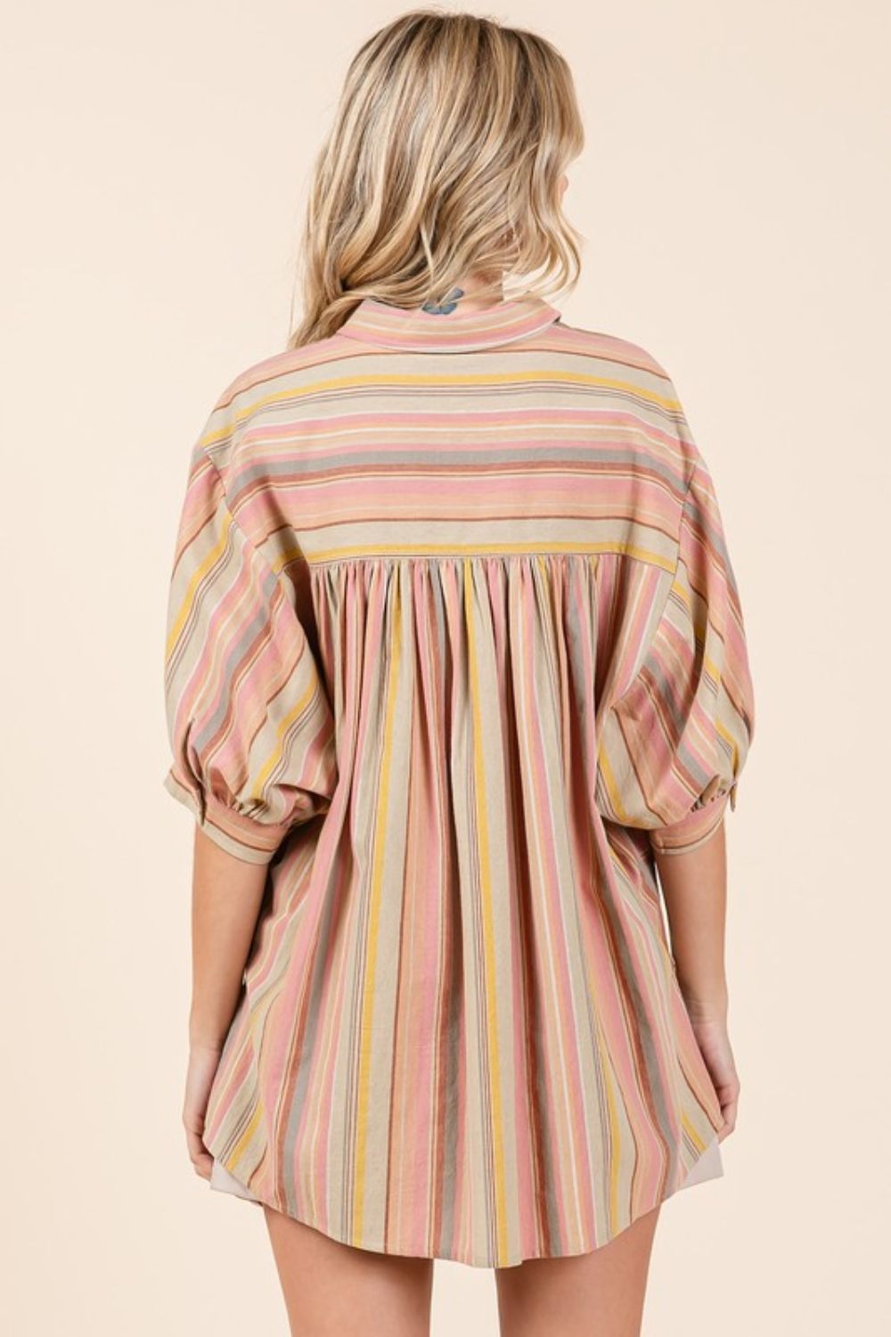 Mittoshop Striped Bubble Sleeve Button Down Shirt-TOPS / DRESSES-[Adult]-[Female]-2022 Online Blue Zone Planet