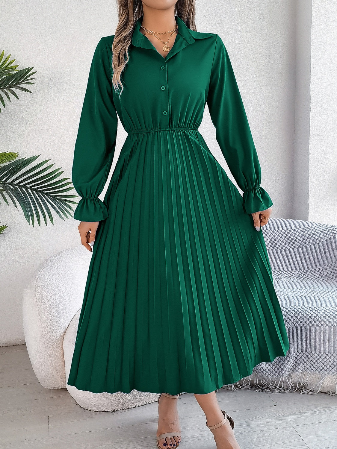 Blue Zone Planet | Pleated Half Button Long Sleeve Midi Dress-TOPS / DRESSES-[Adult]-[Female]-2022 Online Blue Zone Planet