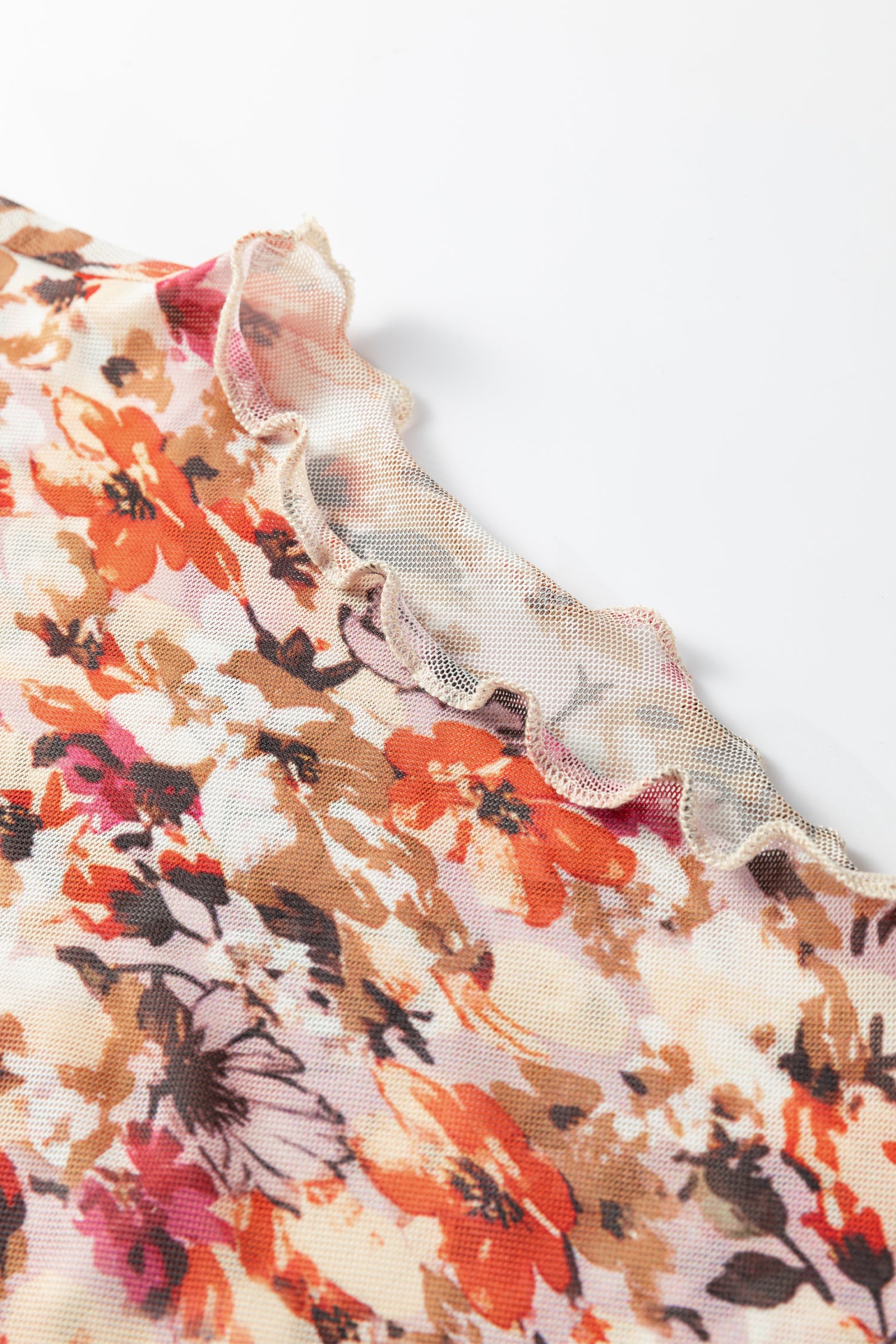 Red Lettuce Trim Floral Print Mesh Long Sleeve Top-Tops/Long Sleeve Tops-[Adult]-[Female]-2022 Online Blue Zone Planet