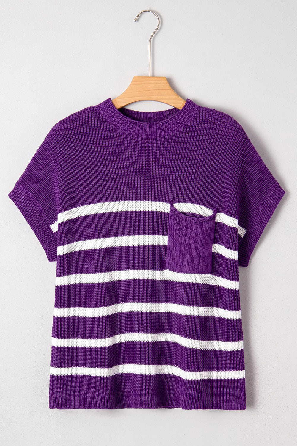 Purple Stripe Raw Edge Patched Pocket Short Sleeve Knit Sweater-Sweaters & Cardigans/Short Sleeve Sweaters-[Adult]-[Female]-2022 Online Blue Zone Planet