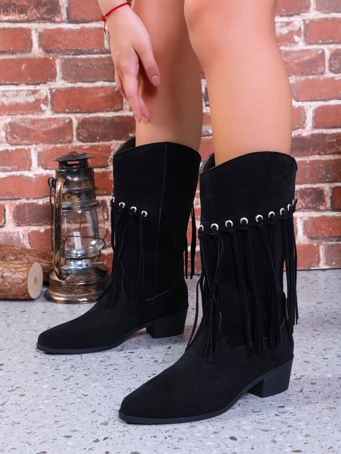 Fringe Suede Point Toe Block Heel Boots-COWBOY BOOTS-[Adult]-[Female]-2022 Online Blue Zone Planet