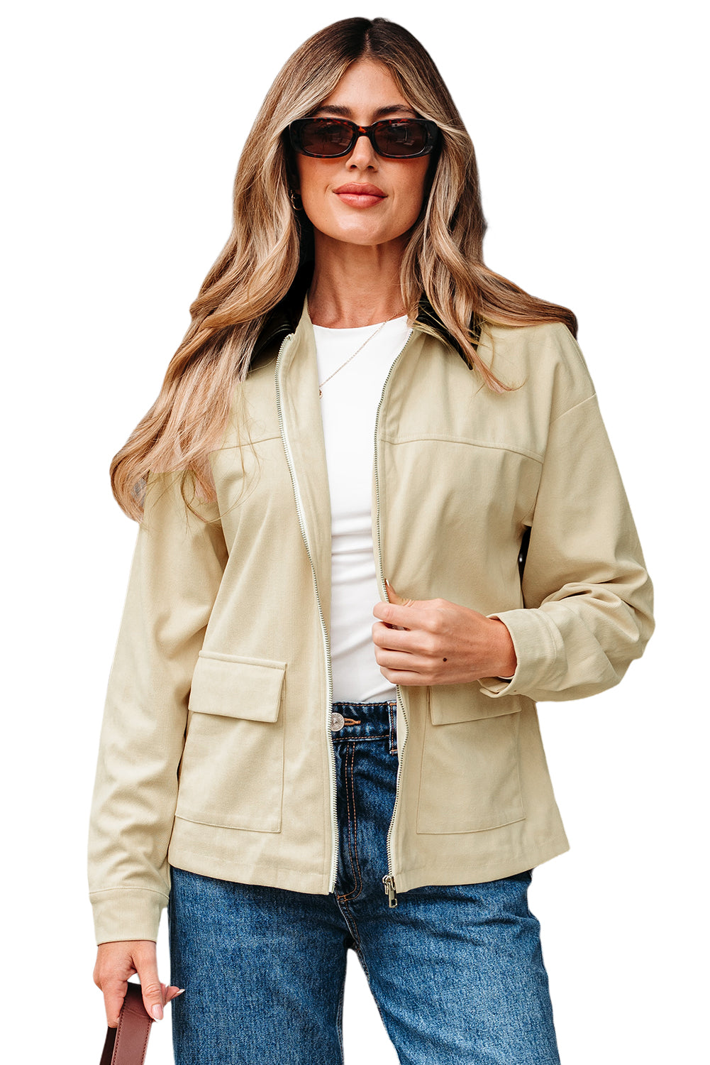 Parchment Contrast Leather Collar Textured Zip Up Jacket-Outerwear/Jackets-[Adult]-[Female]-2022 Online Blue Zone Planet