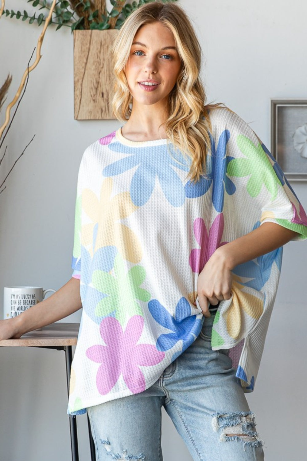 Blue Zone Planet | HOPELY Floral Round Neck Waffle T-Shirt-TOPS / DRESSES-[Adult]-[Female]-2022 Online Blue Zone Planet