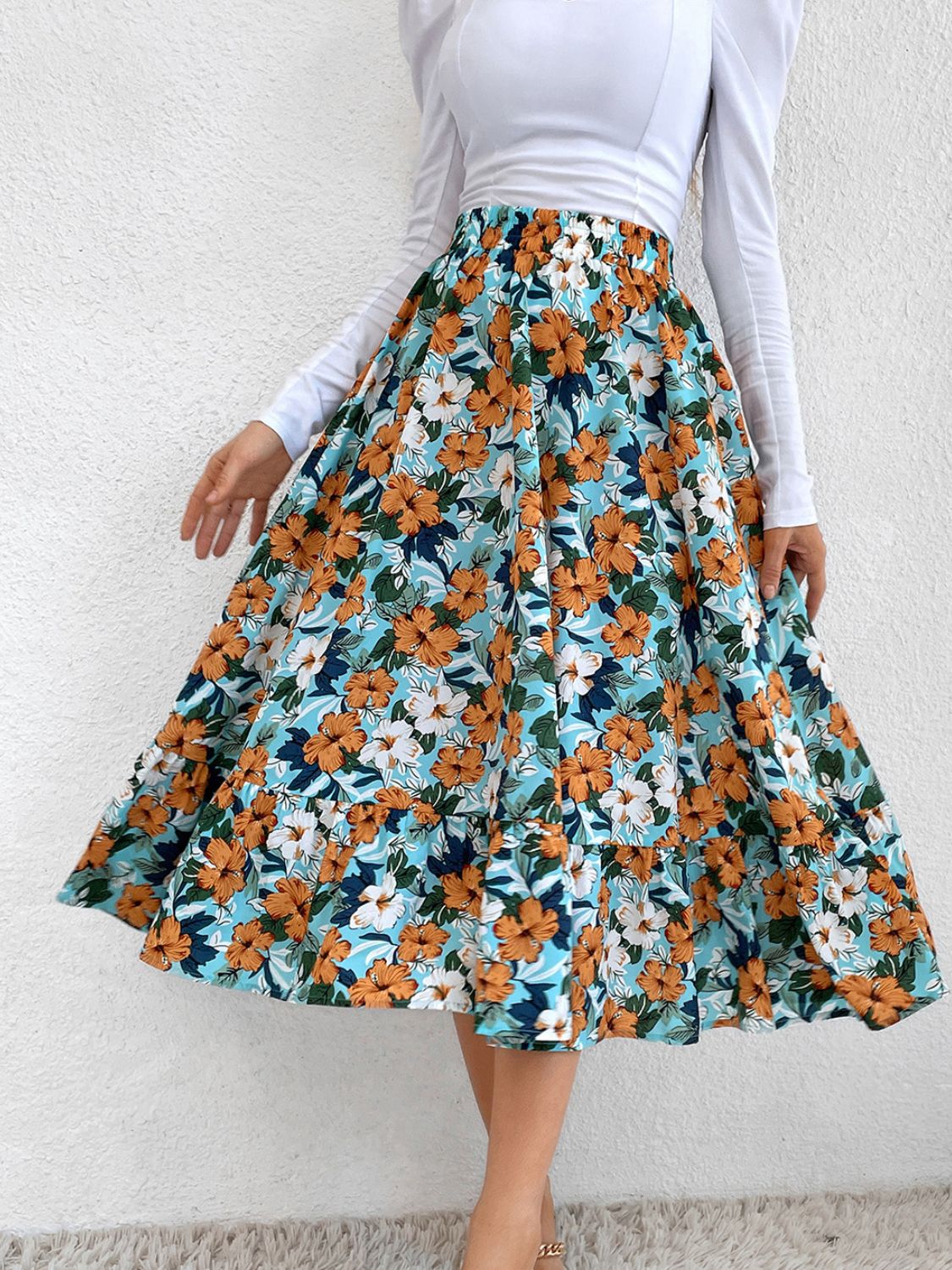 Printed Elastic Waist Midi Skirt-BOTTOM SIZES SMALL MEDIUM LARGE-[Adult]-[Female]-Teal-S-2022 Online Blue Zone Planet