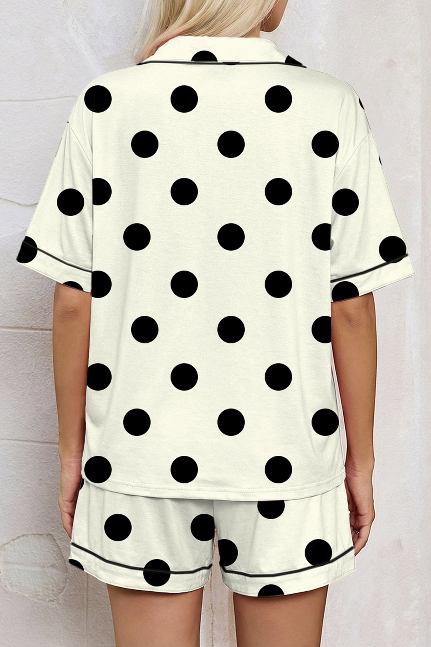 Beige Polka Dot Print Lapel Shirt Drawstring 2pcs Short Pajama Set-Loungewear & Sleepwear/Sleepwear-[Adult]-[Female]-2022 Online Blue Zone Planet