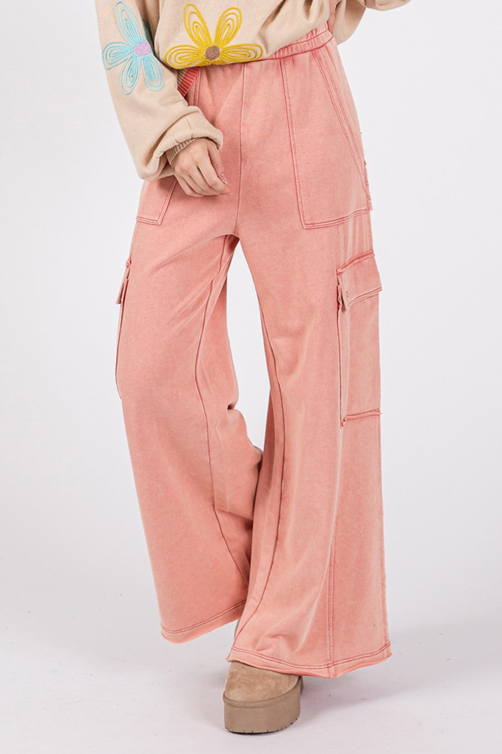 SAGE + FIG Knit Terry Mineral Wash Wide Leg Pants-[Adult]-[Female]-2022 Online Blue Zone Planet