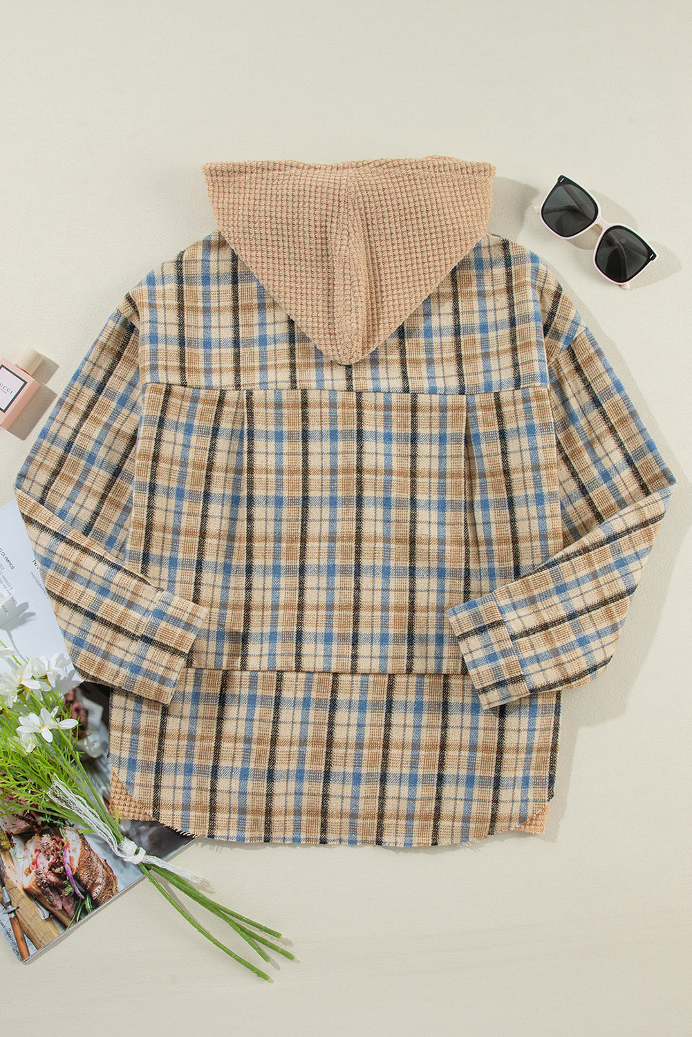 Drawstring Waffle Knit Patchwork Hooded Plaid Shacket-TOPS / DRESSES-[Adult]-[Female]-2022 Online Blue Zone Planet