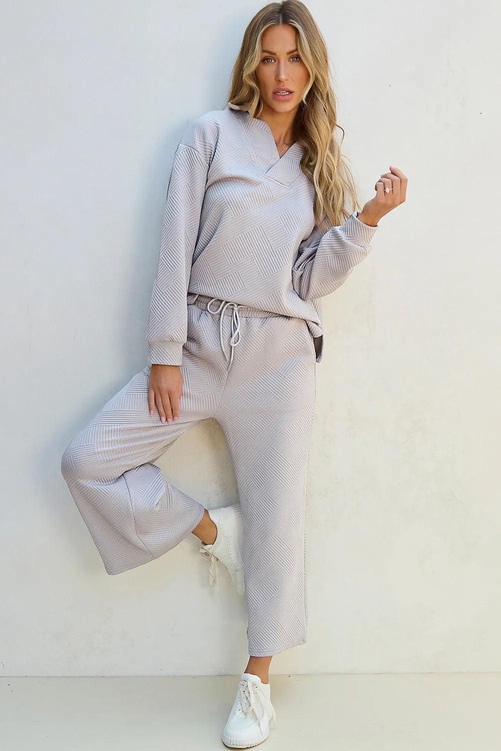 Textured Long Sleeve Top and Drawstring Pants Set-TOPS / DRESSES-[Adult]-[Female]-2022 Online Blue Zone Planet