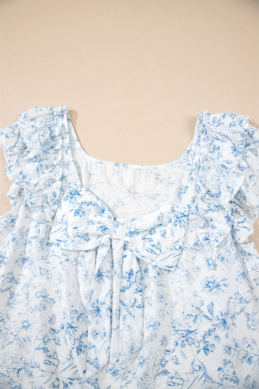Sky Blue Floral Ruffled Short Sleeve Bow Back Square Neck Blouse-Tops/Blouses & Shirts-[Adult]-[Female]-2022 Online Blue Zone Planet