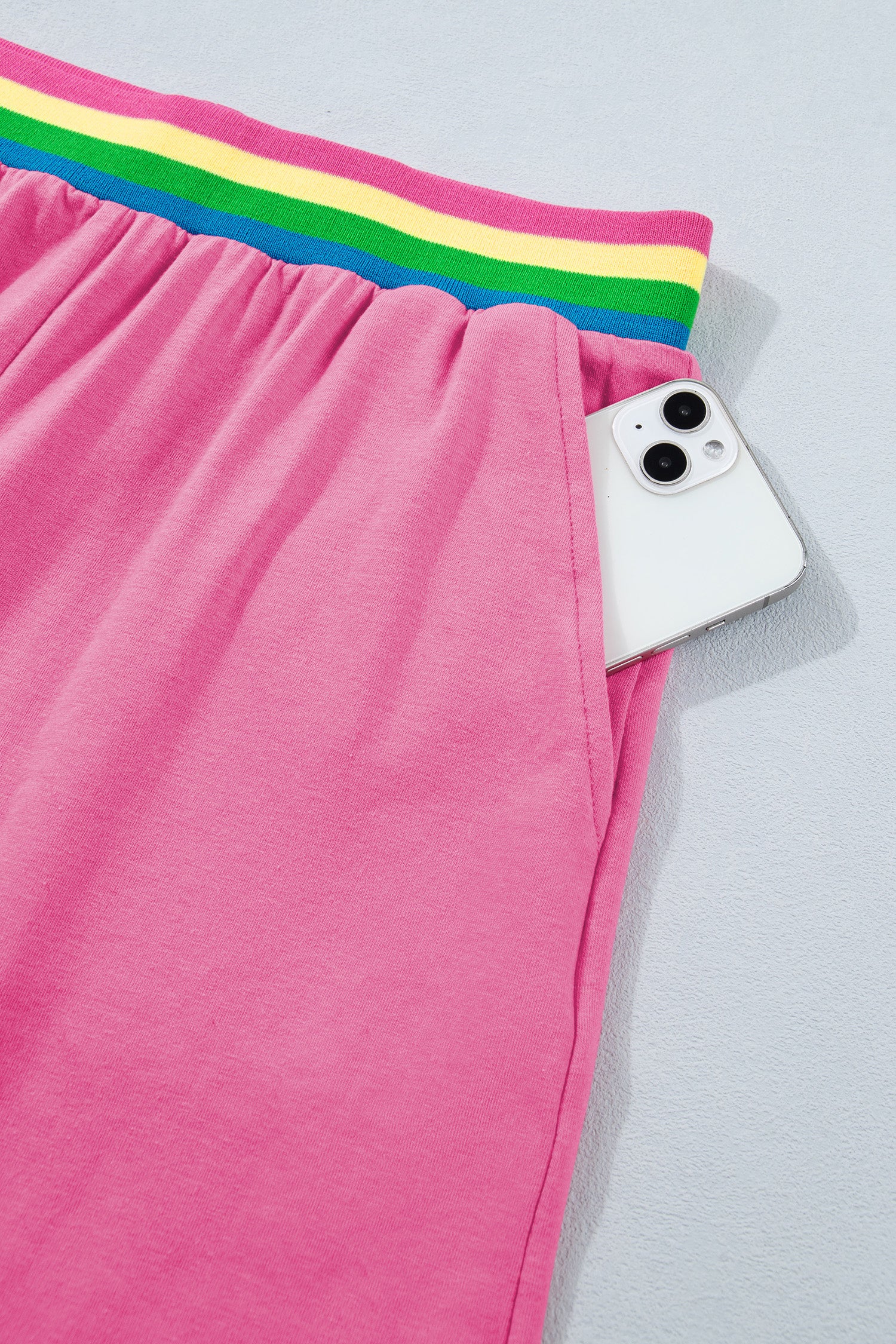 Bright Pink Seam Detail Raw Edge Tee Rainbow Waistband Casual Short Set-Two Piece Sets/Short Sets-[Adult]-[Female]-2022 Online Blue Zone Planet
