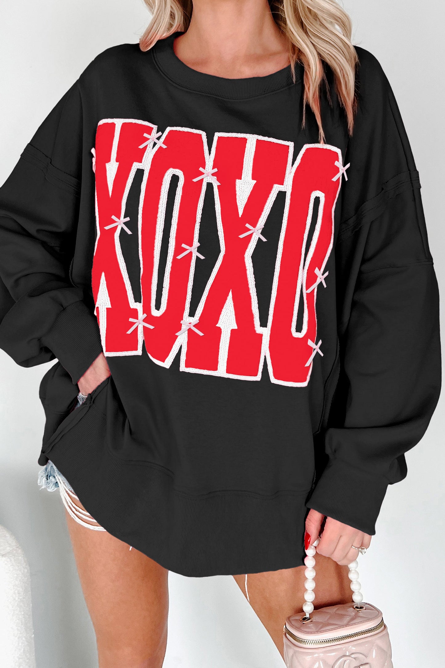Black Bow Sequin XOXO Letter Graphic Exposed Seam Baggy Sweatshirt-Tops/Sweatshirts & Hoodies-[Adult]-[Female]-Black-S-2022 Online Blue Zone Planet