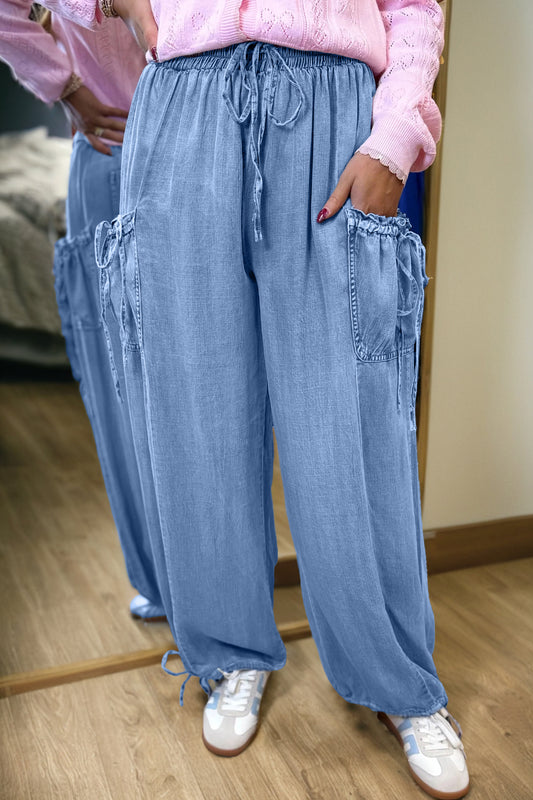 Beau Blue Drawstring Elastic Waist Pocketed Loose Denim Pants-Bottoms/Jeans-[Adult]-[Female]-Beau Blue-4-2022 Online Blue Zone Planet