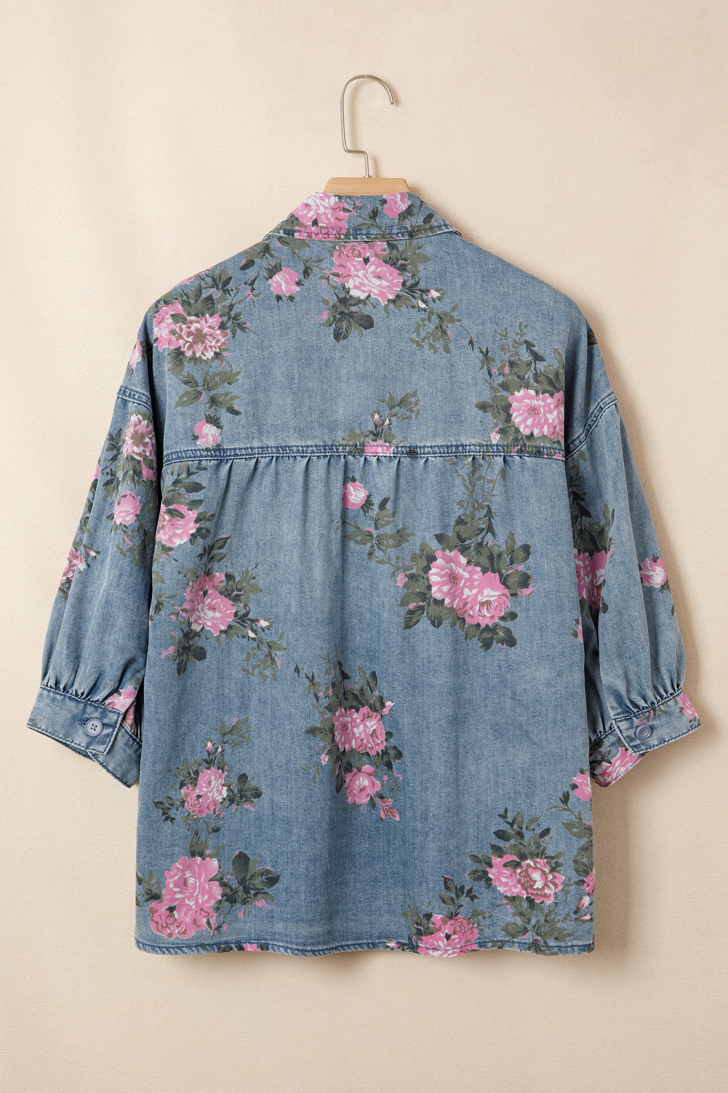 Blue Bracelet Sleeve Floral Denim Shirt-Bracelet-[Adult]-[Female]-2022 Online Blue Zone Planet