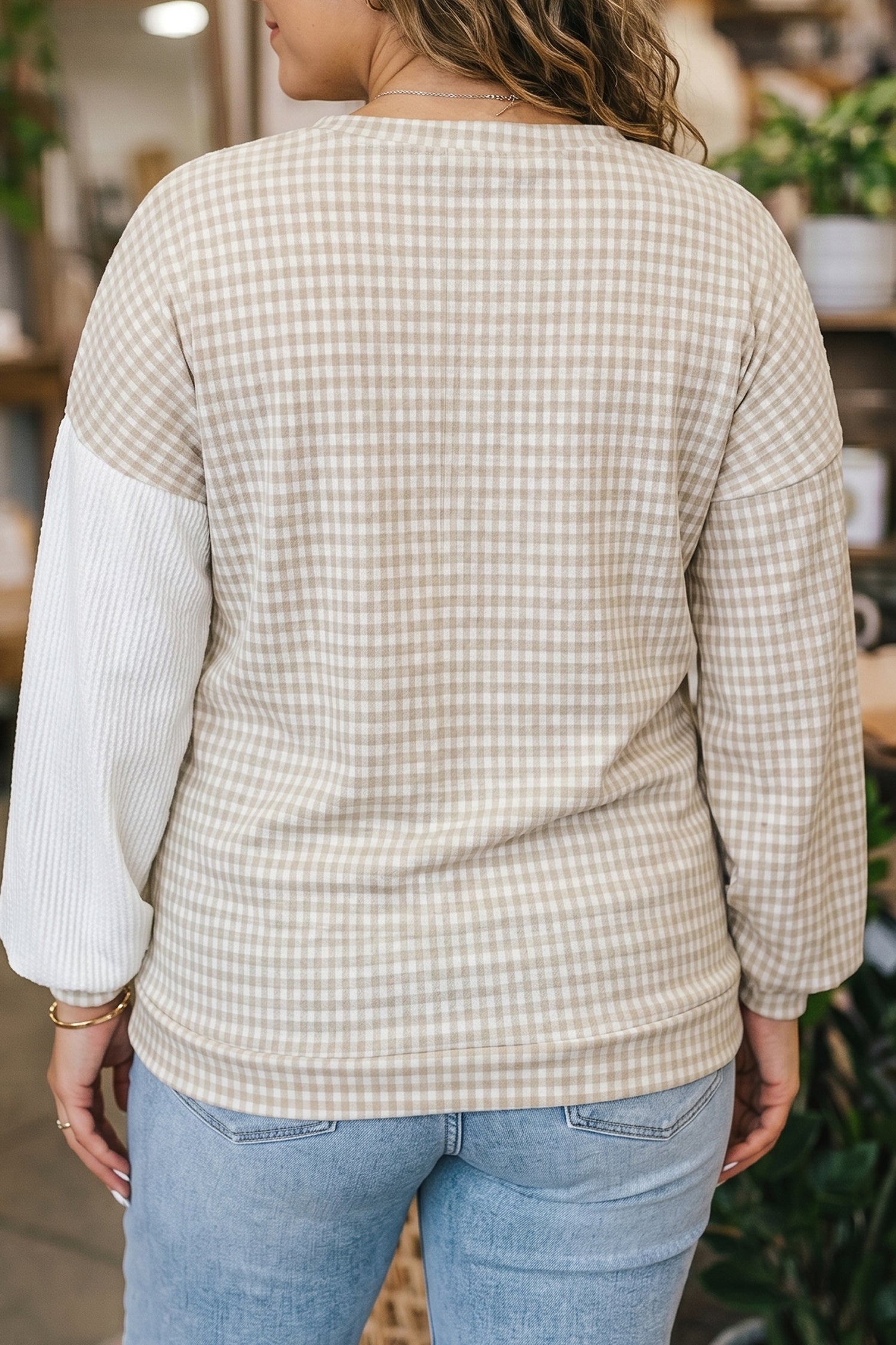 Khaki Patchwork Checkered Long Sleeve Round Neck Plus Size Blouse-Plus Size/Plus Size Tops/Plus Size Long Sleeve Tops-[Adult]-[Female]-2022 Online Blue Zone Planet
