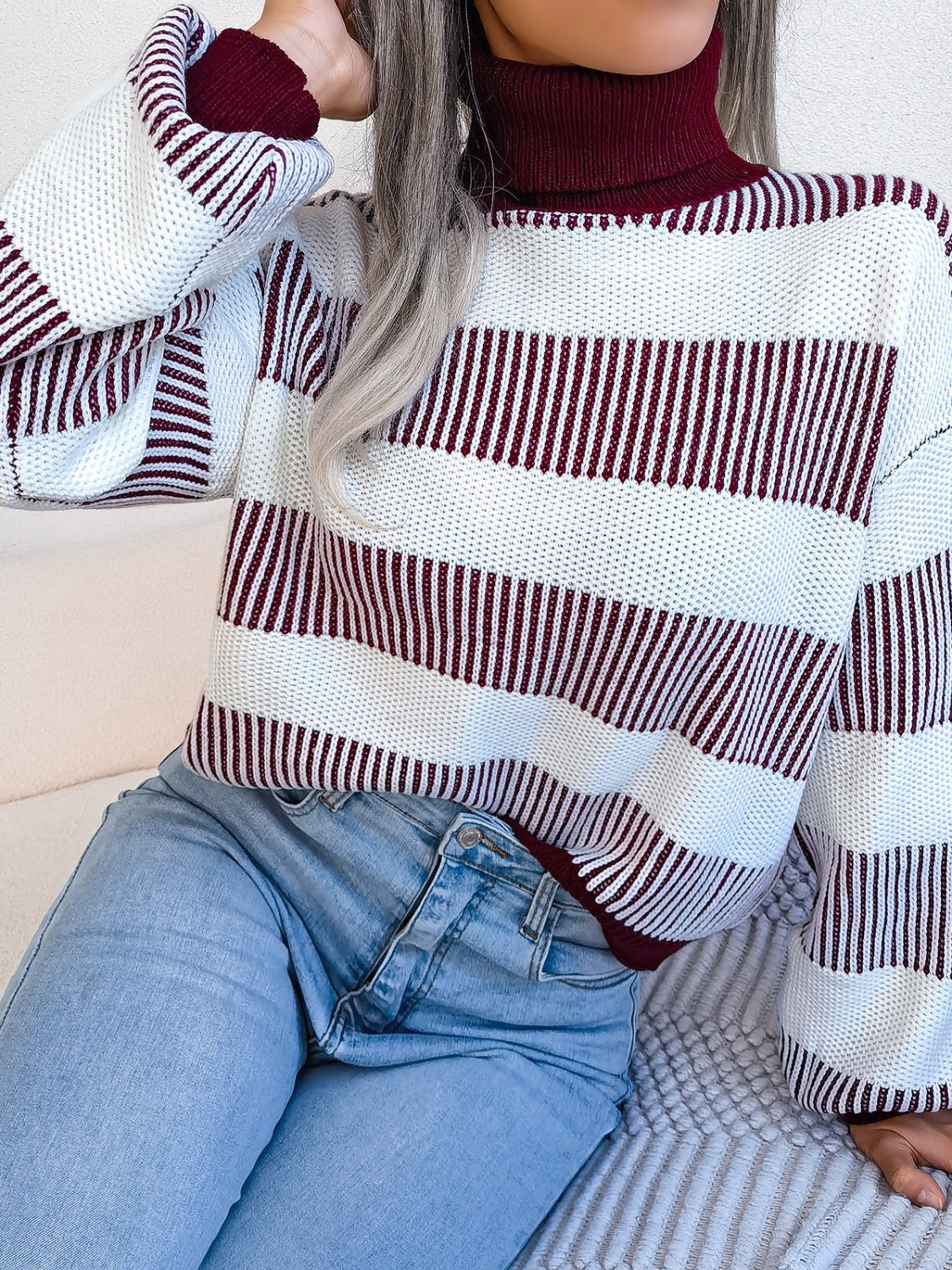 Striped Turtleneck Long Sleeve Sweater-TOPS / DRESSES-[Adult]-[Female]-2022 Online Blue Zone Planet