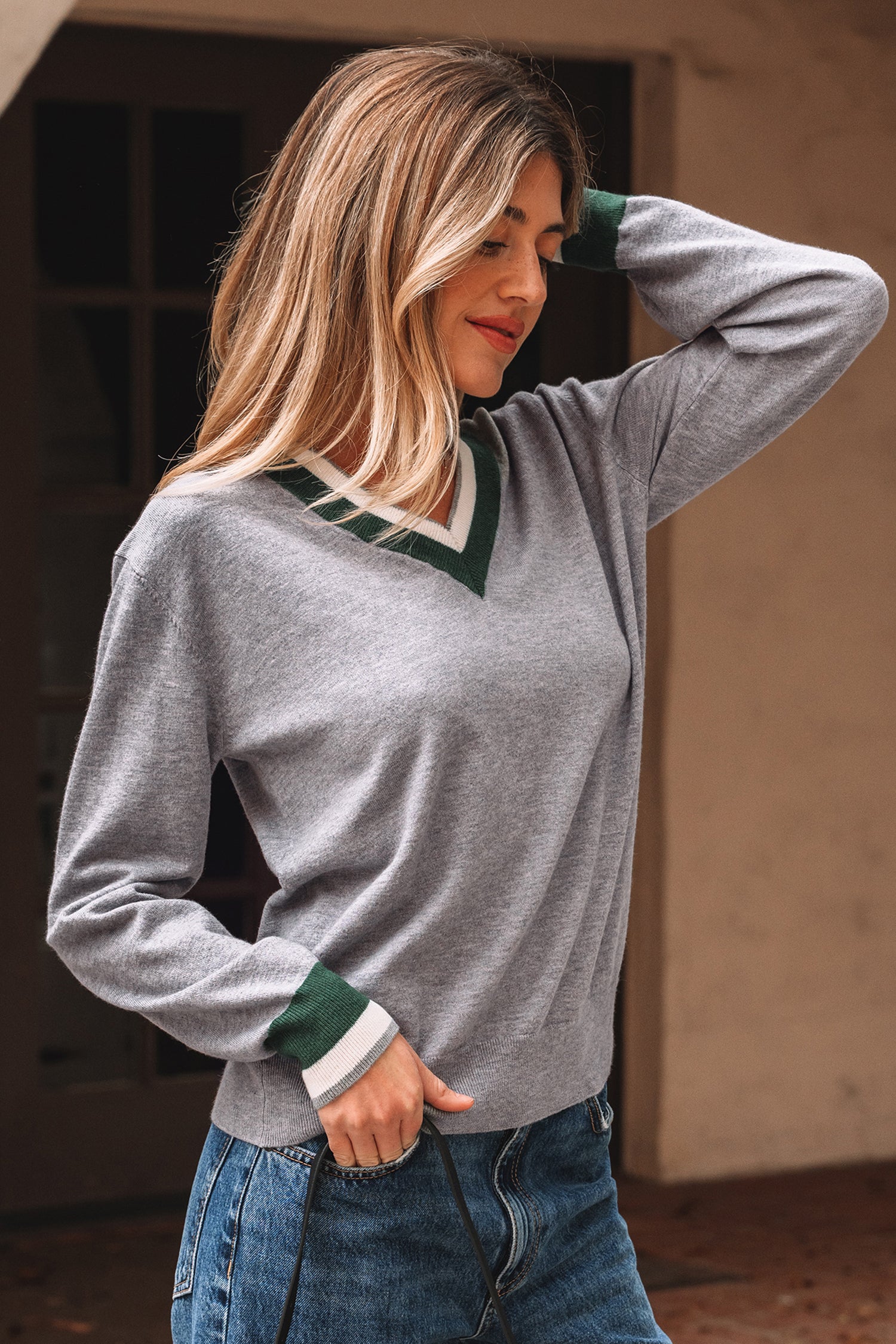 Gray Contrast Striped Trim V Neck Varsity Sweater-Sweaters & Cardigans/Sweaters-[Adult]-[Female]-2022 Online Blue Zone Planet