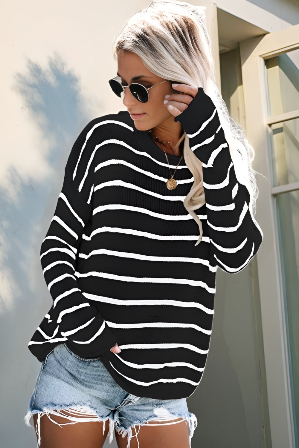 Striped Round Neck Drop Shoulder Sweater-TOPS / DRESSES-[Adult]-[Female]-Black-S-2022 Online Blue Zone Planet