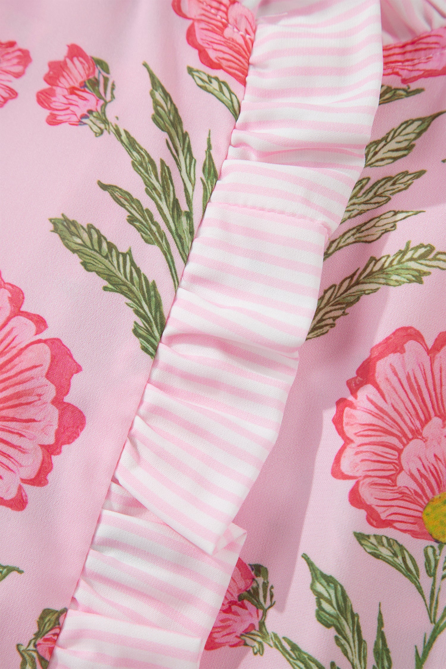 Pink Sweet Blooms Ruffle Striped Trim Puff Sleeve Shirt-Tops/Blouses & Shirts-[Adult]-[Female]-2022 Online Blue Zone Planet