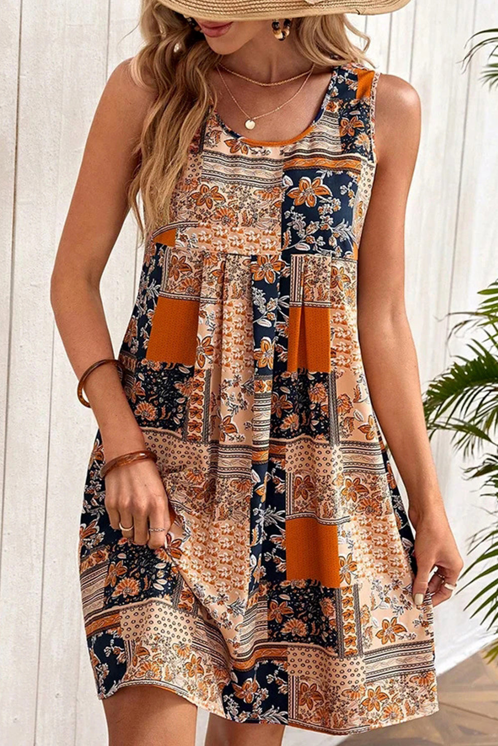 Blue Zone Planet | Orange Retro Floral Patchwork Print Sleeveless Mini Dress-TOPS / DRESSES-[Adult]-[Female]-Orange-S-2022 Online Blue Zone Planet