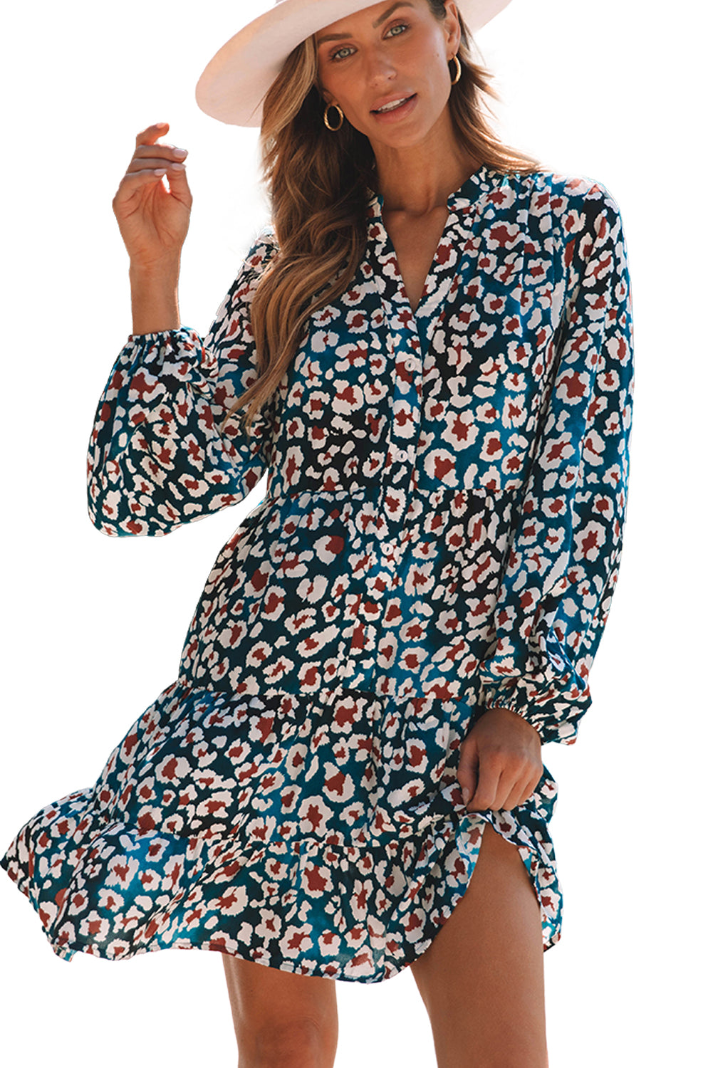 Blue Zone Planet | Blue Leopard Print Bubble Sleeve Ruffled Shirt Dress-TOPS / DRESSES-[Adult]-[Female]-2022 Online Blue Zone Planet