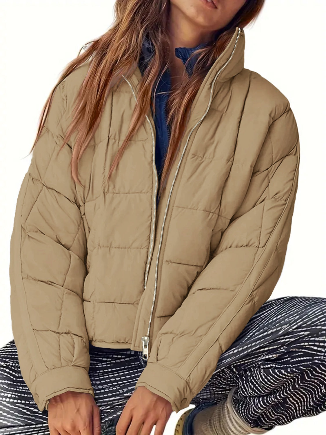 Pocketed Plaid Quilted Zip Up Winter Coat-TOPS / DRESSES-[Adult]-[Female]-2022 Online Blue Zone Planet