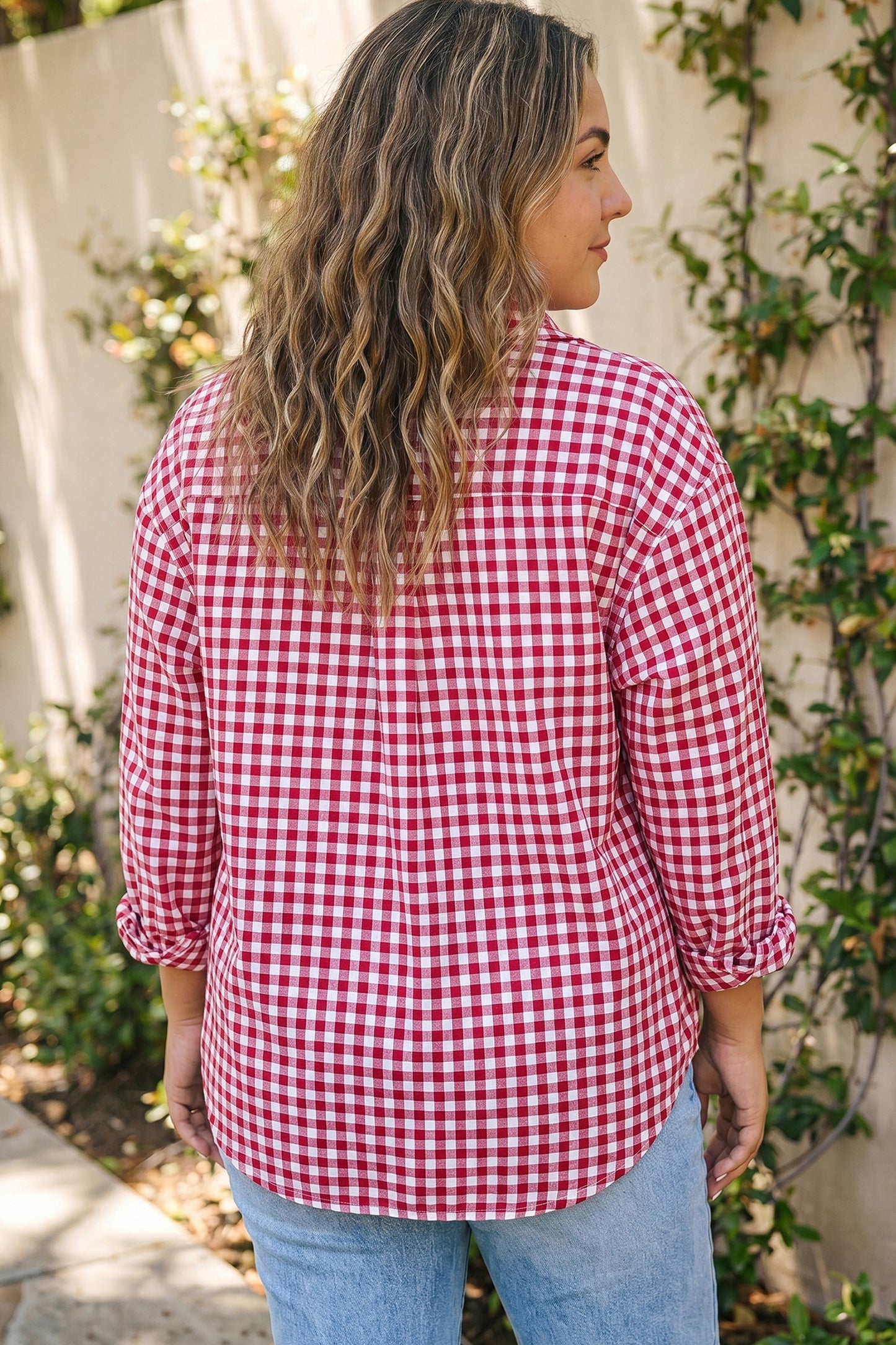 Red Plaid V Neck Long Sleeve Tunic Loose Fit Plus Size Shirt