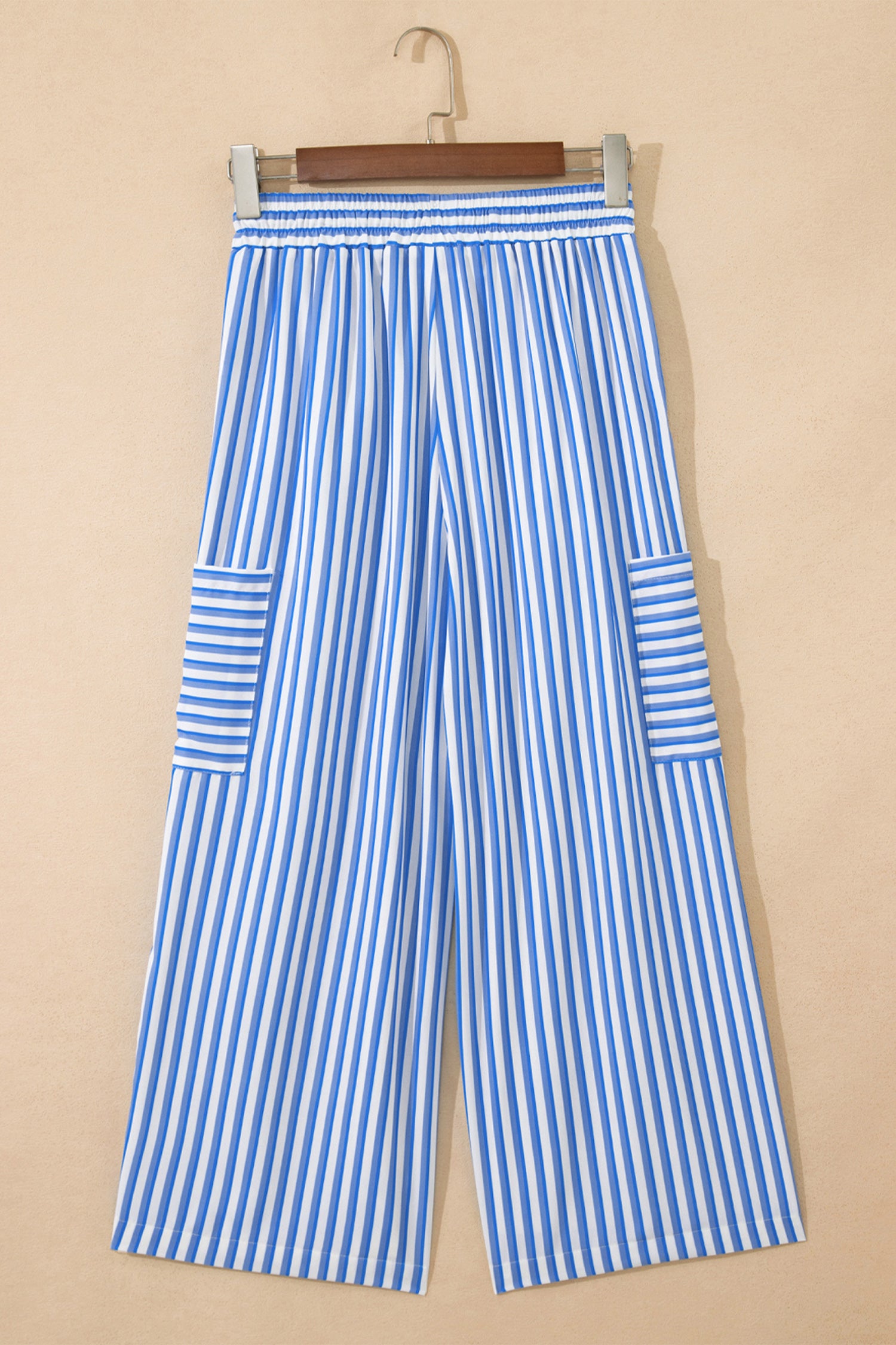 Sky Blue Stripe Drawstring Elastic Waist Patch Pocket Wide Leg Ankle-Length Pants-Bottoms/Pants & Culotte-[Adult]-[Female]-2022 Online Blue Zone Planet