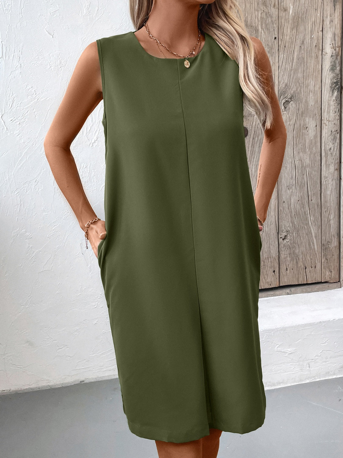 Pocketed Round Neck Sleeveless Mini Dress-TOPS / DRESSES-[Adult]-[Female]-Army Green-S-2022 Online Blue Zone Planet