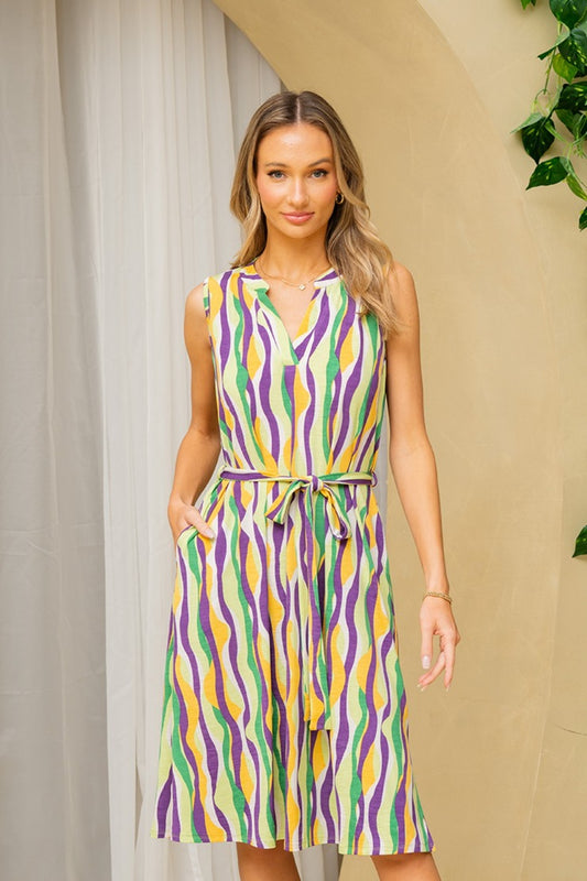 Sew In Love Full Size Stripe Tied Sleeveless Dress with Side Pockets-TOPS / DRESSES-[Adult]-[Female]-Green/Purple-S-2022 Online Blue Zone Planet