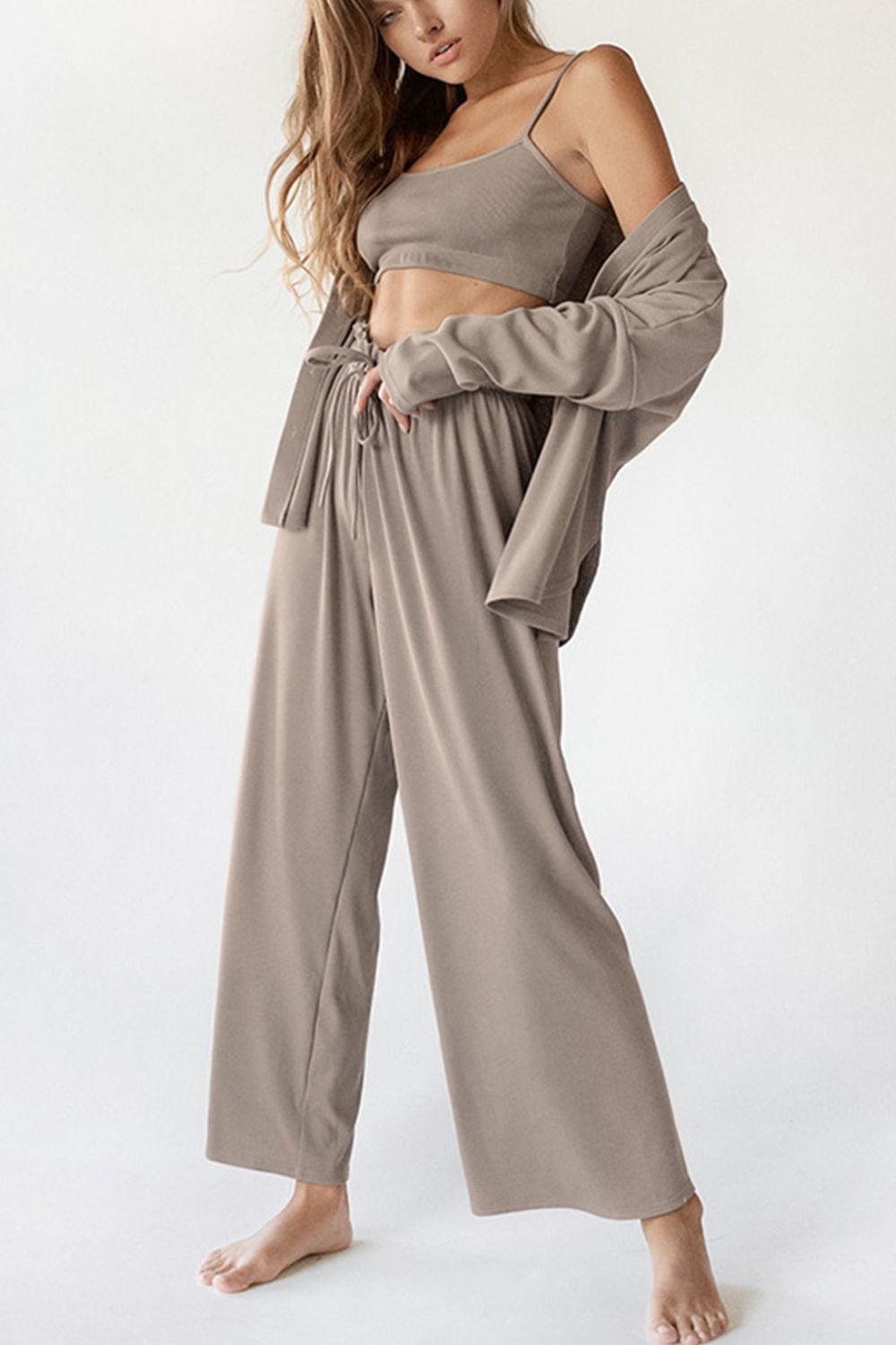 Spaghetti Strap Bra, Open Front Cardigan and Drawstring Pants Set-TOPS / DRESSES-[Adult]-[Female]-2022 Online Blue Zone Planet