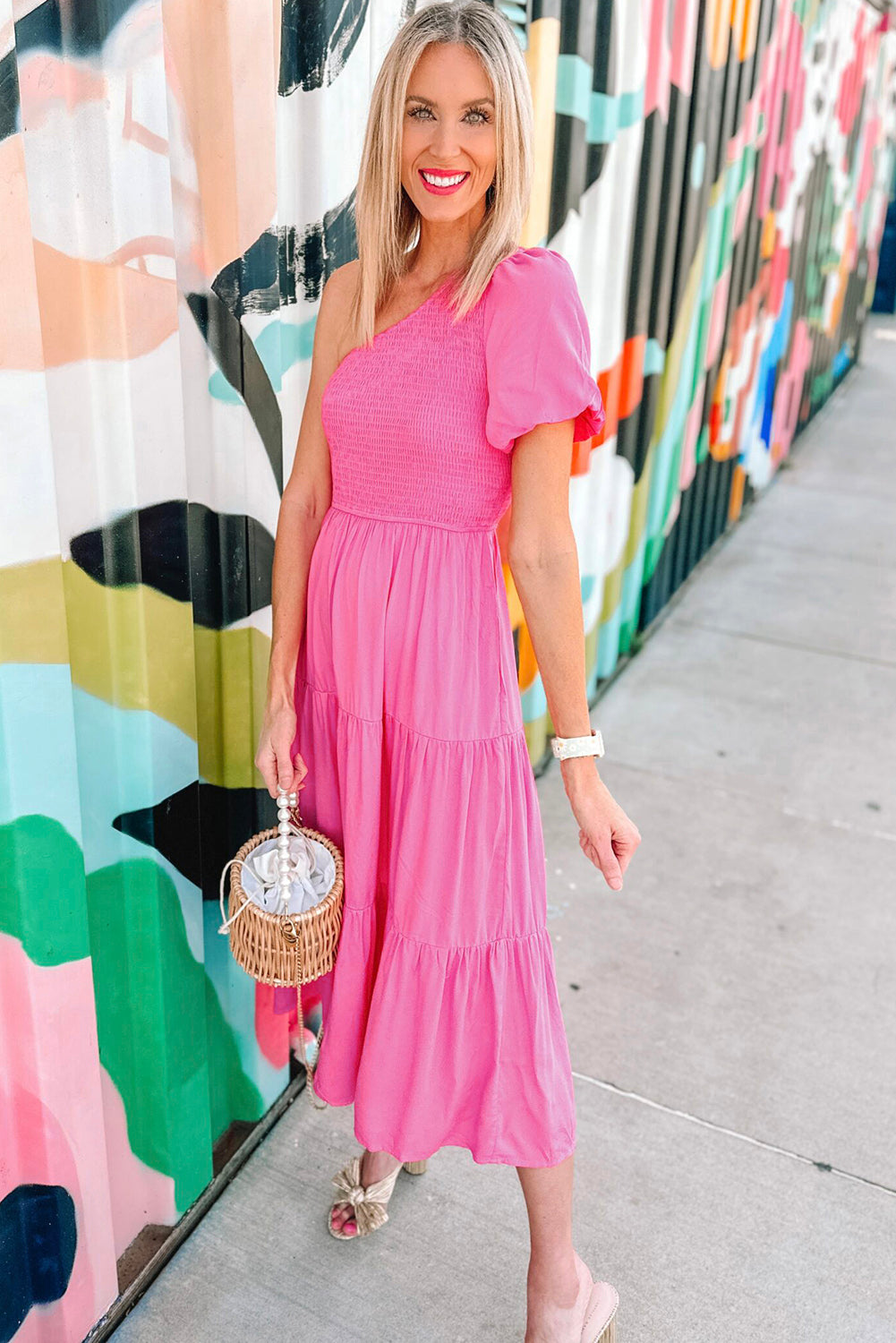 Strawberry Pink Asymmetric Puff Sleeve Smocked Bodice Tiered Midi Dress Blue Zone Planet