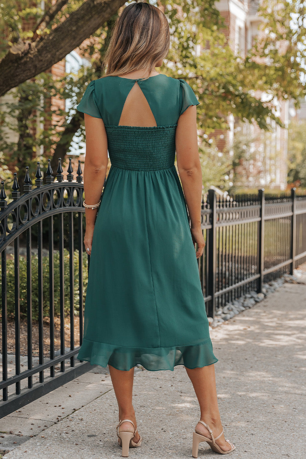 Sea Green Shirred Open Back Sweetheart Neck Ruffled Midi Dress Blue Zone Planet