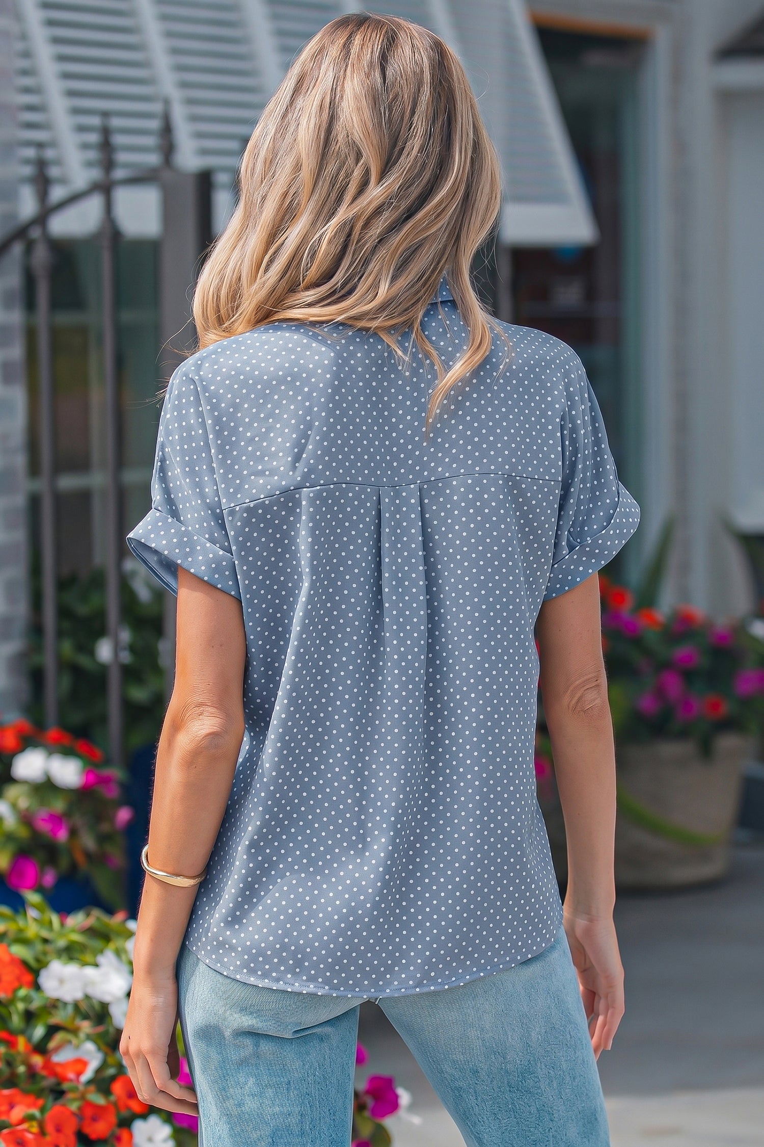 Khaki Dotted Print Cuffed Short Sleeve Shirt-Tops/Blouses & Shirts-[Adult]-[Female]-2022 Online Blue Zone Planet